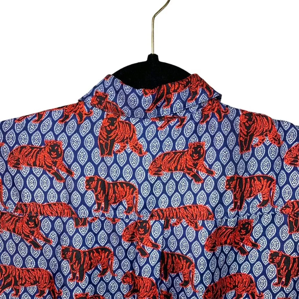 *SOLD* J. CREW COLLECTION BLUE ROAMING TIGER Silk Button Down Shirtdress - Picture 6 of 9